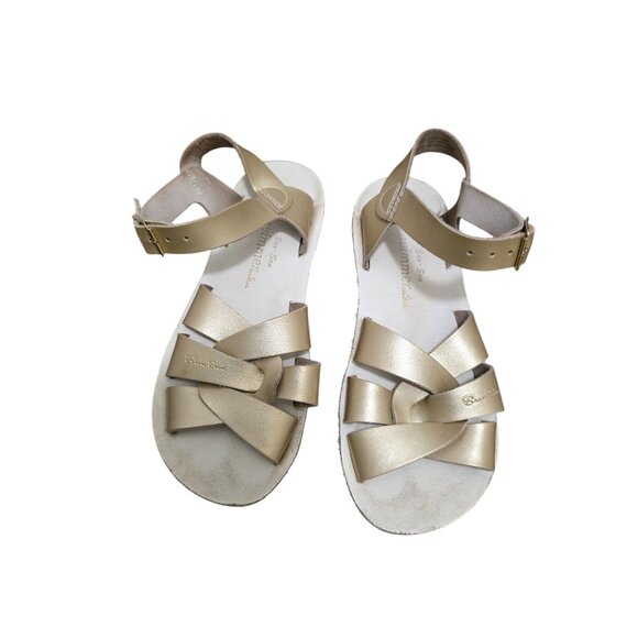 Sun San Swimmer Girls Gold Leather Sandals Adjustable Straps & Bow Detailing Siz - Picture 1 of 6